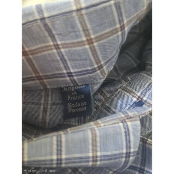 Faconnable Club Dress Shirt 17.5 L Blue Brown Check 100% Cotton Button Dow - Picture 4 of 11